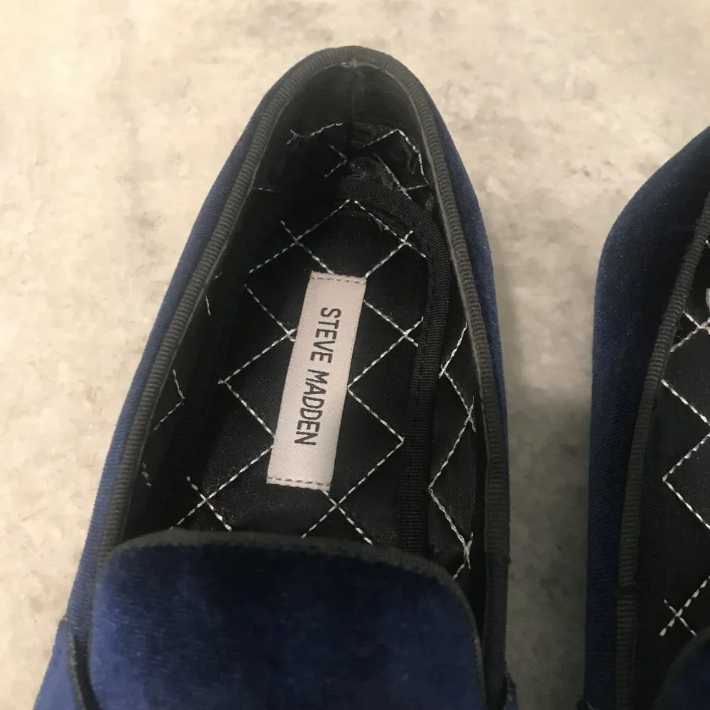 Steve Madden Loafers Shoes Mens Size 7.5 Navy Velvet Horsebit Slip On Coime Gold